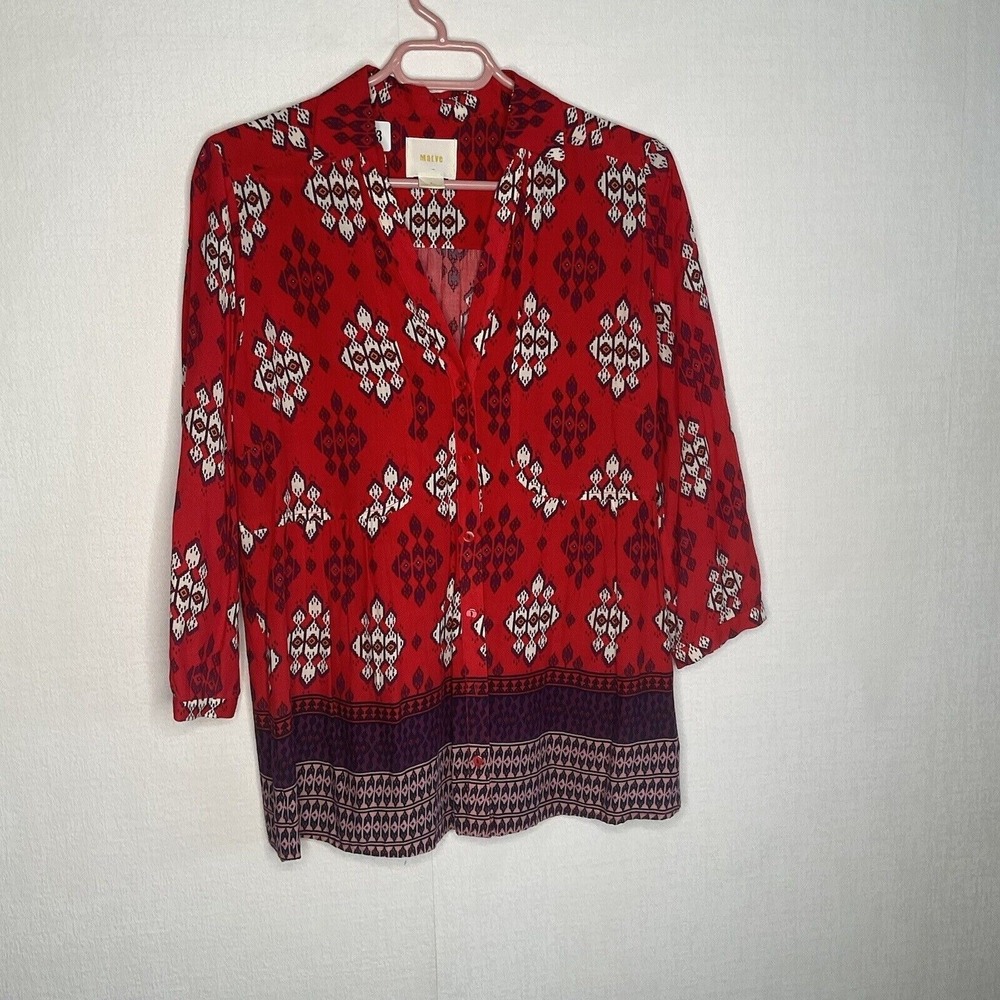 NWOT‎ Anthropologie Maeve Red Woodland Walk Ikat Long Slv Blouse Women 6 Vietnam